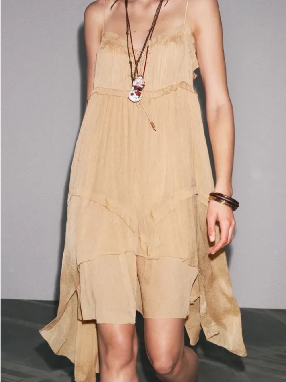 Zara Beige Asymmetrical Layered Spaghetti-Strap Dress - Women